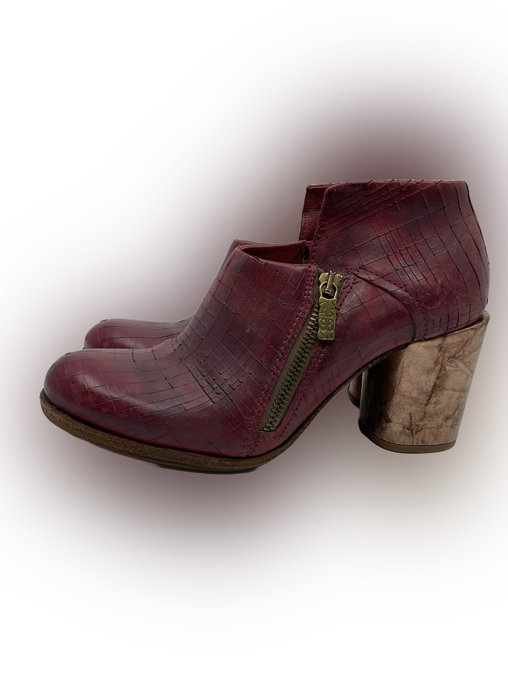 A.S.98 Burgundy Textured Leather Zip Ankle Boots